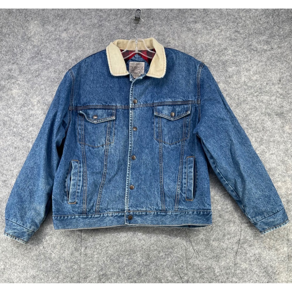 VTG Saugatuck Denim Jacket Men XL Blue Flannel Line Corduroy Collar Trucker Coat
